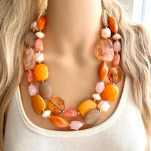 Load image into Gallery viewer, Summer Sunshine Statement Necklace, chunky bib beaded jewelry, Rainbow jewelry, coral peach orange gold pink, beaded acrylic jewelry