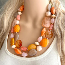 Load image into Gallery viewer, Summer Sunshine Statement Necklace, chunky bib beaded jewelry, Rainbow jewelry, coral peach orange gold pink, beaded acrylic jewelry