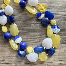 Load image into Gallery viewer, Sunny Yellow & Blue Chunky Statement Necklace, Big beaded jewelry, 2 Strand Statement Necklace, Bib dark blue white yellow glass geometric