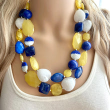 Load image into Gallery viewer, Sunny Yellow & Blue Chunky Statement Necklace, Big beaded jewelry, 2 Strand Statement Necklace, Bib dark blue white yellow glass geometric