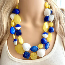 Load image into Gallery viewer, Sunny Yellow & Blue Chunky Statement Necklace, Big beaded jewelry, 2 Strand Statement Necklace, Bib dark blue white yellow glass geometric