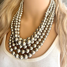 Load image into Gallery viewer, Five Strand Mirror Silver chunky statement necklace, big beaded jewelry, gifts for women, bib jewelry Multi-Strand necklace beaded earrings