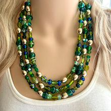 Load image into Gallery viewer, Lush Green Glass Chunky 3 Strand Statement Necklace, grass beaded jewelry, gold geometric chunky jewel tone moss wedding