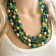 Load image into Gallery viewer, Lush Green Glass Chunky 3 Strand Statement Necklace, grass beaded jewelry, gold geometric chunky jewel tone moss wedding