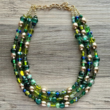 Load image into Gallery viewer, Lush Green Glass Chunky 3 Strand Statement Necklace, grass beaded jewelry, gold geometric chunky jewel tone moss wedding