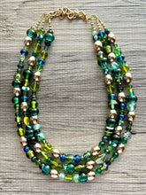 Load image into Gallery viewer, Lush Green Glass Chunky 3 Strand Statement Necklace, grass beaded jewelry, gold geometric chunky jewel tone moss wedding