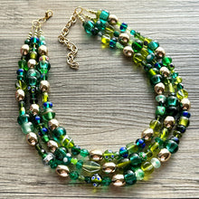 Load image into Gallery viewer, Lush Green Glass Chunky 3 Strand Statement Necklace, grass beaded jewelry, gold geometric chunky jewel tone moss wedding