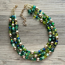 Load image into Gallery viewer, Lush Green Glass Chunky 3 Strand Statement Necklace, grass beaded jewelry, gold geometric chunky jewel tone moss wedding