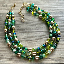 Load image into Gallery viewer, Lush Green Glass Chunky 3 Strand Statement Necklace, grass beaded jewelry, gold geometric chunky jewel tone moss wedding