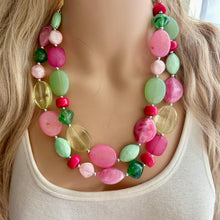 Load image into Gallery viewer, Pink & Lime Green Necklace, multi strand jewelry, big beaded chunky statement necklace, pink necklace, bridesmaid necklace, green necklace