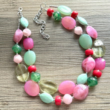 Load image into Gallery viewer, Pink & Lime Green Necklace, multi strand jewelry, big beaded chunky statement necklace, pink necklace, bridesmaid necklace, green necklace