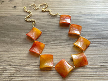 Load image into Gallery viewer, Long Tie Dye Clementine Statement Necklace Jewelry, Chunky Big Beaded 1 Strand Necklace, orange gold square diamond geometric bead