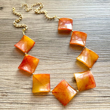 Load image into Gallery viewer, Long Tie Dye Clementine Statement Necklace Jewelry, Chunky Big Beaded 1 Strand Necklace, orange gold square diamond geometric bead