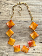 Load image into Gallery viewer, Long Tie Dye Clementine Statement Necklace Jewelry, Chunky Big Beaded 1 Strand Necklace, orange gold square diamond geometric bead