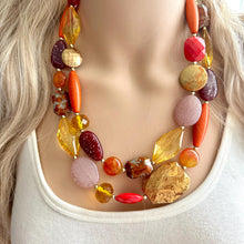 Load image into Gallery viewer, Fall Colors chunky necklace, brown beaded jewelry, resin beaded Mocha necklace, yellow beaded maroon cinnamon orange red champagne