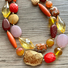 Load image into Gallery viewer, Fall Colors chunky necklace, brown beaded jewelry, resin beaded Mocha necklace, yellow beaded maroon cinnamon orange red champagne