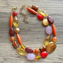 Load image into Gallery viewer, Fall Colors chunky necklace, brown beaded jewelry, resin beaded Mocha necklace, yellow beaded maroon cinnamon orange red champagne