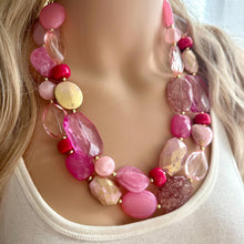 Load image into Gallery viewer, Blush Love Pink Necklace, multi strand jewelry, big beaded chunky statement Valentine, gold jewelry, bridesmaid bib wedding hot pink heart