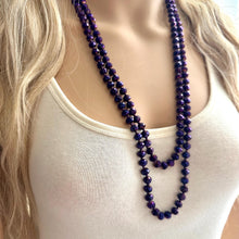 Load image into Gallery viewer, Eggplant Jelly Glass Bead Chunky Statement Necklace, long glass jewelry beaded necklace, layering necklace purple shiny metallic long