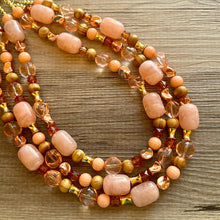 Load image into Gallery viewer, Devine Golden Necklace, Coral RoseGold Necklace, multi strand jewelry, big beaded chunky statement necklace, coral bib necklace