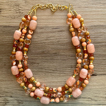 Load image into Gallery viewer, Devine Golden Necklace, Coral RoseGold Necklace, multi strand jewelry, big beaded chunky statement necklace, coral bib necklace