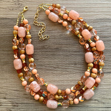 Load image into Gallery viewer, Devine Golden Necklace, Coral RoseGold Necklace, multi strand jewelry, big beaded chunky statement necklace, coral bib necklace