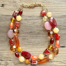 Load image into Gallery viewer, Cranberry Chunky Statement Necklace, Double Strand Beaded Jewelry, berry maroon jewelry, bridesmaid wedding bib resin coral yellow orange