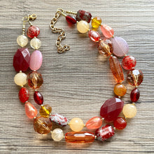 Load image into Gallery viewer, Cranberry Chunky Statement Necklace, Double Strand Beaded Jewelry, berry maroon jewelry, bridesmaid wedding bib resin coral yellow orange