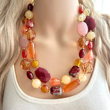 Load image into Gallery viewer, Cranberry Chunky Statement Necklace, Double Strand Beaded Jewelry, berry maroon jewelry, bridesmaid wedding bib resin coral yellow orange