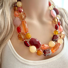 Load image into Gallery viewer, Cranberry Chunky Statement Necklace, Double Strand Beaded Jewelry, berry maroon jewelry, bridesmaid wedding bib resin coral yellow orange