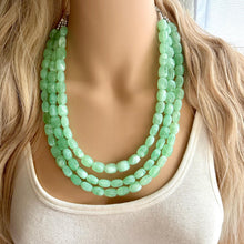 Load image into Gallery viewer, Mint Green Chunky Statement Necklace, 3 strand necklace, light green bracelet earrings jewelry set wedding, bridesmaid grass