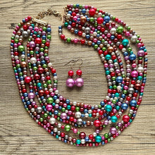 Load image into Gallery viewer, Rainbow Pearl Statement, pearl jewelry, silver chain, 8 strand bib chunky necklace, rainbow red orange yellow green blue purple pink