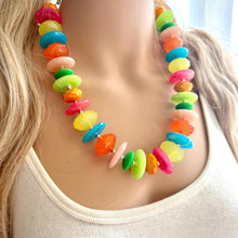 Load image into Gallery viewer, Tropical Parade Strand statement necklace, big beaded chunky jewelry, Fuchsia Lime Green Coral Bib Jewelry set yellow blue pink peach