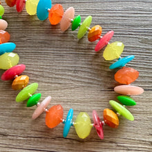 Load image into Gallery viewer, Tropical Parade Strand statement necklace, big beaded chunky jewelry, Fuchsia Lime Green Coral Bib Jewelry set yellow blue pink peach