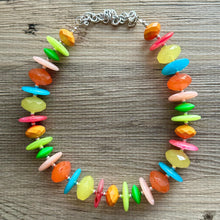 Load image into Gallery viewer, Tropical Parade Strand statement necklace, big beaded chunky jewelry, Fuchsia Lime Green Coral Bib Jewelry set yellow blue pink peach