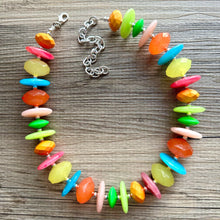 Load image into Gallery viewer, Tropical Parade Strand statement necklace, big beaded chunky jewelry, Fuchsia Lime Green Coral Bib Jewelry set yellow blue pink peach
