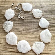 Load image into Gallery viewer, White Chunky Statement Necklace, Big beaded jewelry, Single Strand bib Statement, bridal bridesmaid wedding silver earrings
