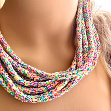 Load image into Gallery viewer, Extra Chunky Rainbow Statement Necklace, colorful thick jewelry white heishi necklace, 10 multi strand pride striped beaded