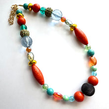 Load image into Gallery viewer, Santa Fe Chunky Statement Necklace, single strand bib beaded jewelry, sky blue color block necklace, light green orange black aqua jewelry