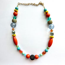 Load image into Gallery viewer, Santa Fe Chunky Statement Necklace, single strand bib beaded jewelry, sky blue color block necklace, light green orange black aqua jewelry