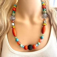 Load image into Gallery viewer, Santa Fe Chunky Statement Necklace, single strand bib beaded jewelry, sky blue color block necklace, light green orange black aqua jewelry