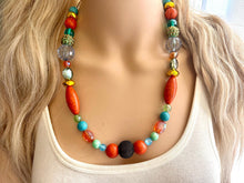 Load image into Gallery viewer, Santa Fe Chunky Statement Necklace, single strand bib beaded jewelry, sky blue color block necklace, light green orange black aqua jewelry