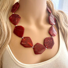 Load image into Gallery viewer, Red Chunky Statement Necklace, Big beaded jewelry, Single Strand bib Statement, bridal bridesmaid wedding swirl silver earrings