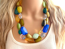 Load image into Gallery viewer, Weekend Seascape Necklace, Blue & Green Chunky Statement resin mint beaded necklace jewelry, multi color strand bib chunky periwinkle