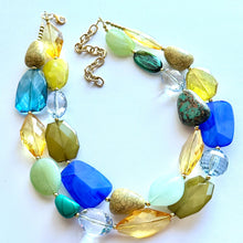 Load image into Gallery viewer, Weekend Seascape Necklace, Blue & Green Chunky Statement resin mint beaded necklace jewelry, multi color strand bib chunky periwinkle
