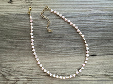Load image into Gallery viewer, Mother of Pearl Pink Heart Statement Necklace, Skinny Strand Jewelry, Valentines Day jewelry, layering beaded gold shiny