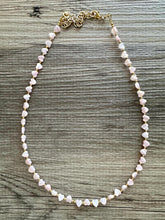 Load image into Gallery viewer, Mother of Pearl Pink Heart Statement Necklace, Skinny Strand Jewelry, Valentines Day jewelry, layering beaded gold shiny