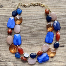 Load image into Gallery viewer, Sedona Sunset Statement Necklace, chunky bib beaded jewelry, blue necklace, light brown beaded aqua royal blue, tan champagne chocolate