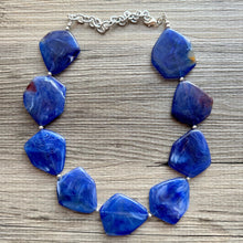 Load image into Gallery viewer, Royal Blue Chunky Statement Necklace, Big beaded jewelry, Single Strand bib Statement, bridal bridesmaid wedding silver earrings