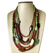 Load image into Gallery viewer, Vintage Vacation statement necklace, chunky bib beaded jewelry 5 strand neutral mint green red wood multi strand brown, Traveler Collection